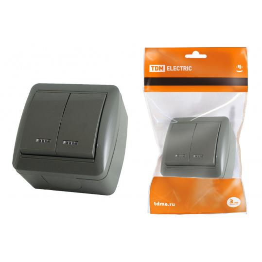 Выключатель 2-кл. открытой установки с подсветкой IP44 10А серый "Селигер" TDM