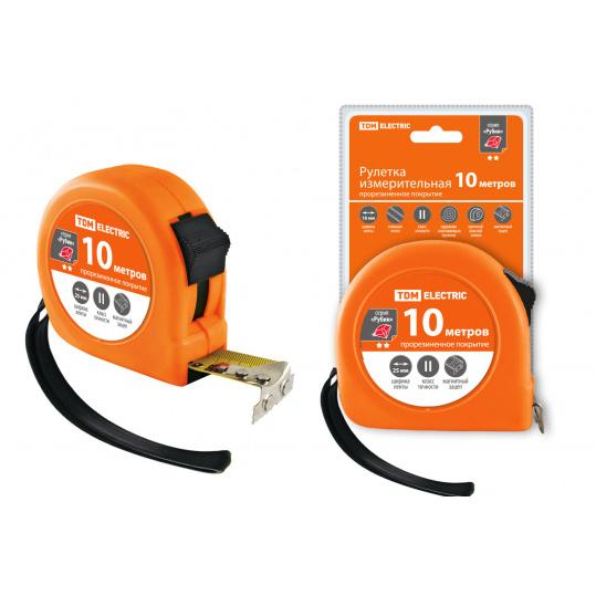 Рулетка, длина 10 м, стальная лента, ширина 25 мм, прорезиненное покрытие, магнит, "Рубин" TDM