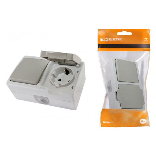 Блок комбинированный (горизонтальный) выключатель 1-кл. + розетка 2П+З с з/ш БКВР IP54 "Вуокса" TDM