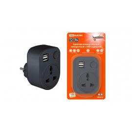 Адаптер универсальный поворотный  с/з 250В 16А + 2USB 2.1A черный TDM