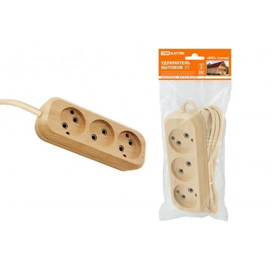 Удлинитель бытовой У3 3 гнезда, 5метров,2П б/з, ПВС 2х0,75мм2 "Эко" (сосна) 10А/250В TDM