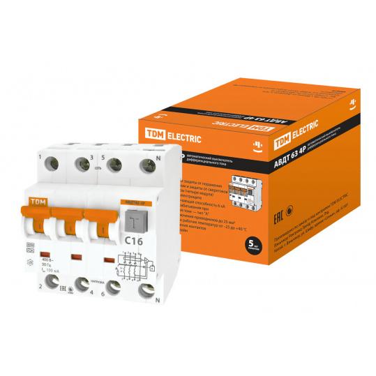 АВДТ 63 4P(3Р+N) C16 100мА 6кА тип А TDM
