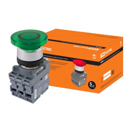 Кнопка грибовидная МРМ1-11G(LED) в сборе d40мм/24B 1з+1р зеленая TDM