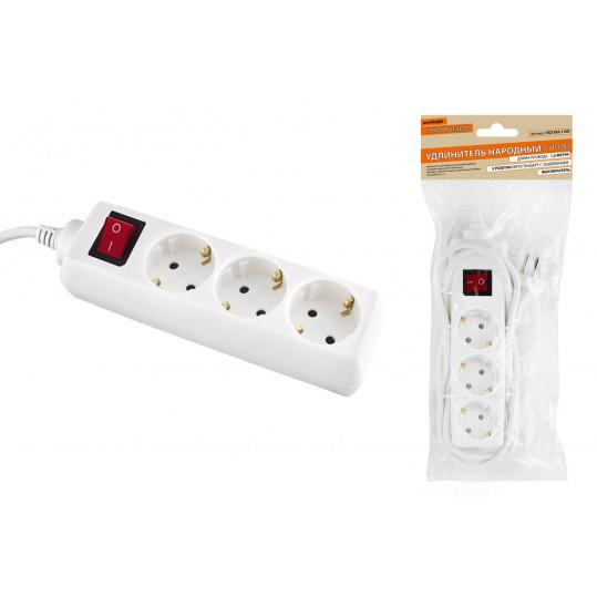 Удлинитель народный УН03В выключатель, 3 гнезда, 1,5метра, с/з, ПВС 3х0,75мм2  10А/250В